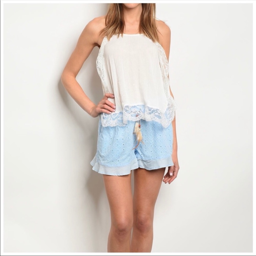 Blue Ruffle Trim Eyelet Shorts - Picture 4 of 5